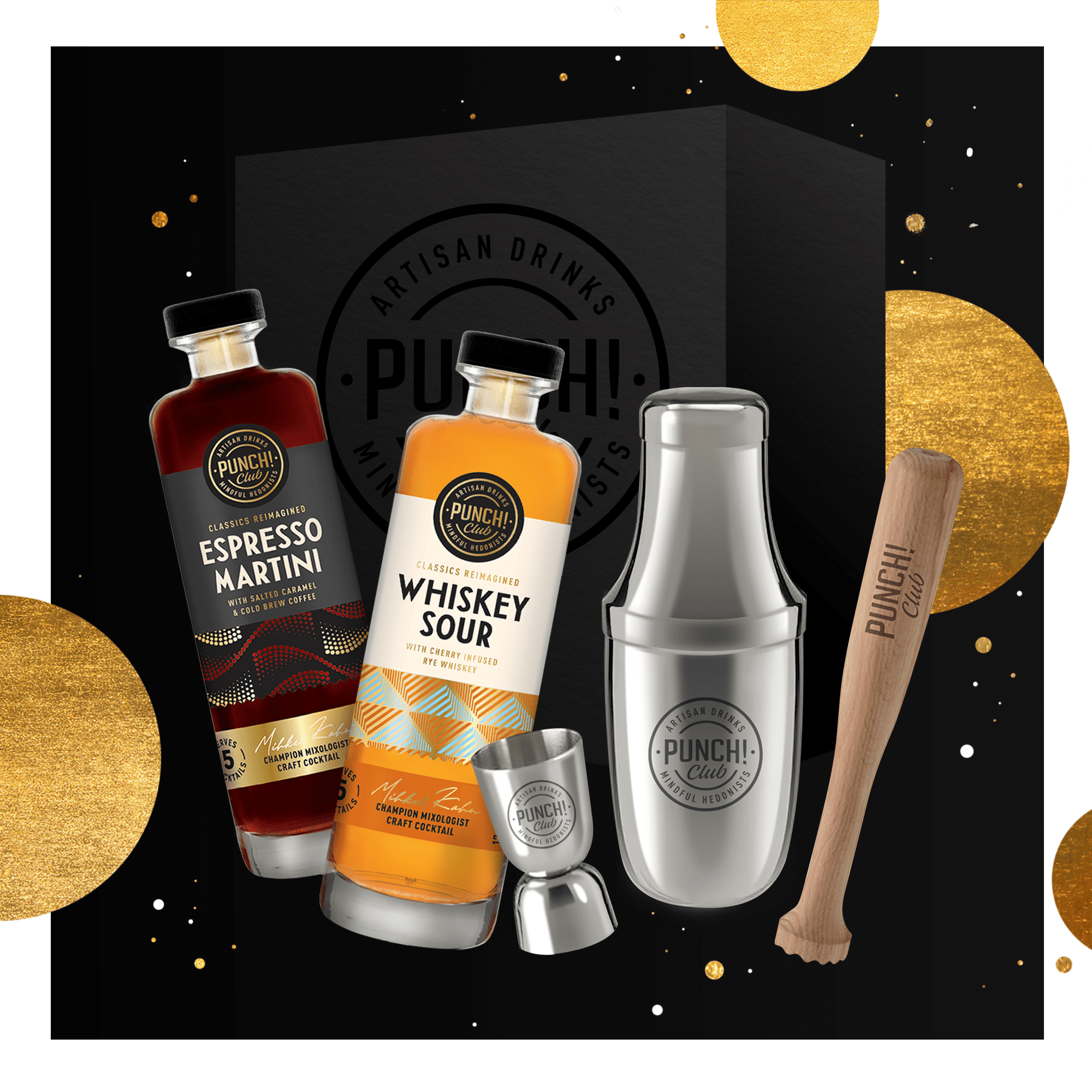 Punch Club gift box for cocktail lovers. Contains Espresso Martini, whiskey sour and cocktail preparation set: shaker, jigger, muddler