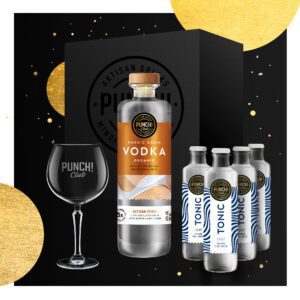 Punch Club gift box for vodka lovers. Contains vodka, tonic and one copa glass.