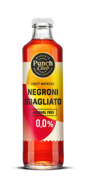 Alcohol free Negroni Sbagliato mocktail, glass bottle.