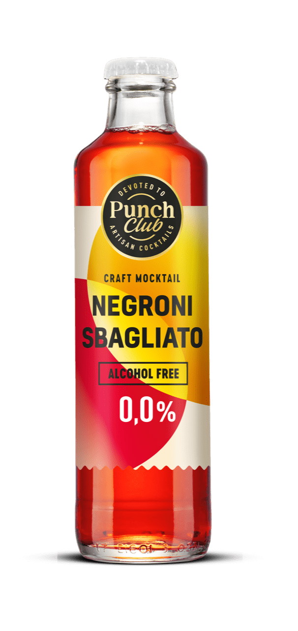 Alcohol free Negroni Sbagliato mocktail, glass bottle.